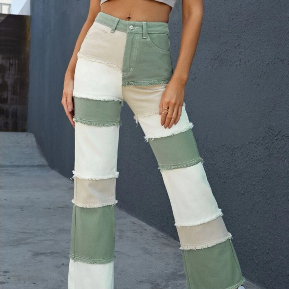 Straight jeans, high, waisted, green, white and tan